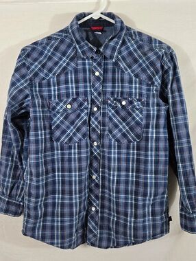 Vintage Y2K Gap Boy's Blue Plaid Snap Button Long Sleeve Shirt Size Large 10